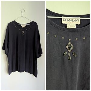 80s 90s Southwestern Jewel Neckline  Blouse Top Dark Blue Wmns 3X Polyester 186